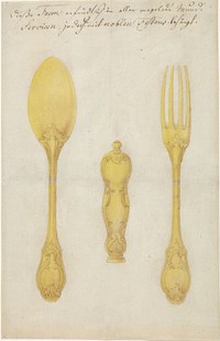 Verguld zilveren lepel, messenheft en vork (c. 1755 - c. 1770) by anonymous