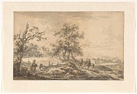 Vrouw met kind en man met ezel in landschap (1755 - 1818) by Egbert van Drielst