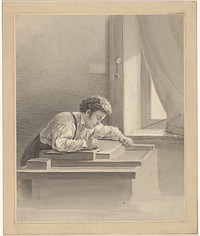Kunstenaar tekenend op een lithosteen (c. 1820 - c. 1830) by anonymous