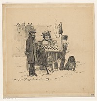 Winters straatgezicht met en man en een vrouw met een handkar (c. 1907) by Harry Rountree