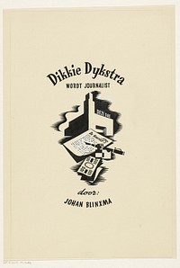 Ontwerp voor een titelpagina voor: Johan Blinxma, Dikkie Dijkstra wordt journalist, c. 1947 (in or after 1947) by Eddy de Smet