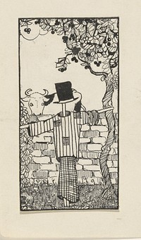 Koe kijkt over een muur naar een vogelverschrikker (c. 1900 - c. 1940) by C Goes