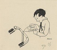 Jongen bekijkt een brief aan een fietsstuur (c. 1880 - c. 1930)