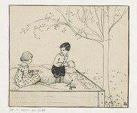Jongen en meisje spelen in een zandbak (c. 1880 - c. 1930)