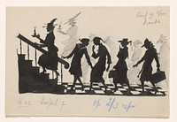 Vier meisjes volgen een vrouw een trap op (c. 1900 - c. 1930) by anonymous