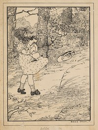 Meisje draagt een hond op een winderig bospad (1912) by Nelly Spoor