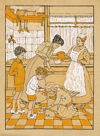 Vrouwen en kinderen met een puppy in een keuken (1916) by Nelly Spoor