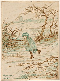 Meisje lopend in de regen en wind (1895 - 1950) by Nelly Spoor
