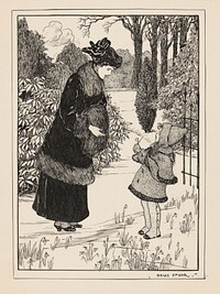 Meisje biedt een vrouw een sneeuwklokje aan (1916) by Nelly Spoor