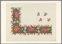 Ontwerp voor een rand van bladeren en bloemen van een gedrukte stof, met enkele losse bloemen in het veld (c. 1820 - c. 1850) by anonymous