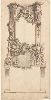 Ontwerp voor een schoorsteenmantel met een spiegel waarboven een ruimte voor een schildering, met in de twee helften twee alternatieve oplossingen (c. 1710 - c. 1730) by anonymous