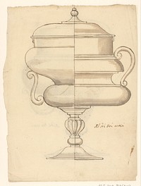 Blad met aan beide zijden een afbeelding van een bokaal met een deksel, vermoedelijk van glas, met links en rechts een andere oplossing (c. 1600) by anonymous