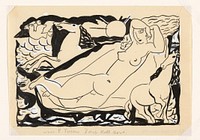 Venus Vignet voor boek 'L'art Hollandais contemporain' van Paul Fierens; liggend naakt met daarbij afgebeeld twee paarden en twee duiven (1931 - c. 1933) by Leo Gestel