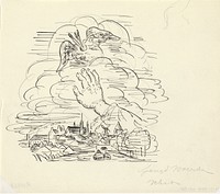 Zonder titel Schets vignet voor biografie van Gestel door Van der Pluym, gezicht op Woerden met daarboven een hand die reikt naar een gevleugeld palet (1935 - 1936) by Leo Gestel