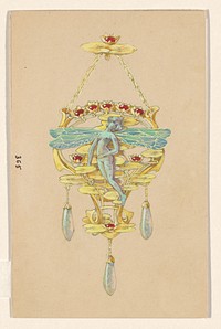 Ontwerp voor een hanger met een vrouw met libellenvleugels, van goud, robijnen, opalen en email (c. 1905) by Paul Louchet