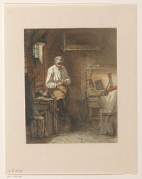 Timmerman zittend op een schaafbank in zijn werkplaats (1861) by Jacob Taanman