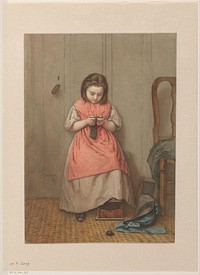 Interieur met breiend meisje (1868) by Jacob Taanman