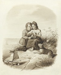 Jongen en een meisje met een hond voeren een vogeltje (1817 - 1849) by Jan Braet von Uberfeldt