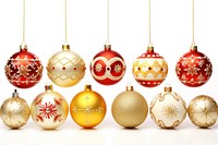 Christmas ornaments hanging red white background.