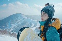 Korean woman snow photography snowboard.