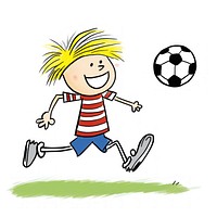 Boy playing football outdoors drawing cartoon.