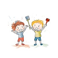 Kids holding a big paint brush cleaning drawing cartoon. AI generated Image by rawpixel.