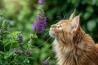 Ginger cat curiously sniffing flower purple outdoors.