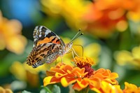 Butterfly eating nectar marigold flower animal. AI generated Image by rawpixel.