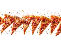 Flying pizza slices border food white background advertisement.