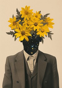 Cut paper collage with a man flower sunflower yellow.