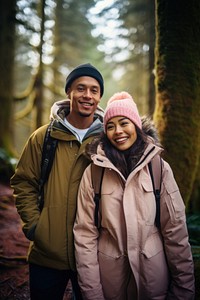 Samoan couple hiking outdoors jacket forest.