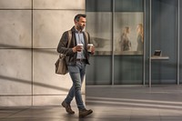 Man walking with a coffee adult architecture pedestrian. AI generated Image by rawpixel.