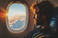 Man looking out the airplane window adult contemplation appliance. AI generated Image by rawpixel.