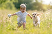 Puppy and a child playing fetch mammal animal field.