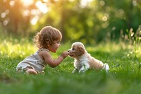 Puppy and a child playing sitting animal mammal.