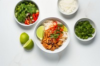 Chicken and tofu banh mi noodle bowl ingredient plate table.