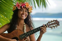 Happy Samoan girl guitar musician coconut.