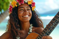 Happy Samoan girl flower portrait guitar.