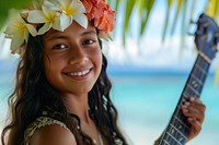 Happy Samoan girl portrait travel guitar.