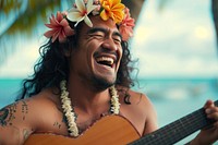 Happy Samoan man flower laughing portrait.