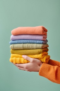 Stack of folding soft handmade colorful knitted variation clothing knitwear.