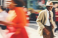 Motion blur old african american man crossing street walk portrait walking speed.