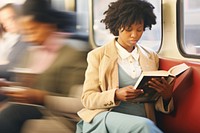 Motion blur old african american reading a book in train sitting speed adult.