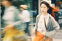 Motion blur pregnent woman walking on street portrait photography adult.