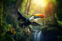 Toucan flying in forest animal nature outdoors.