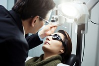 Woman getting eye consult doctor adult technology.