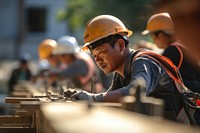 Asian construction workers teamwork working hardhat. 