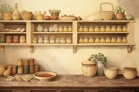 Italian kitchen pantry painting shelf architecture.