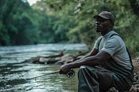 African American fishing outdoors sitting.