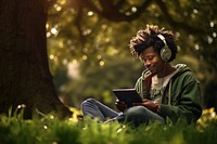 African American headphones reading sitting.
